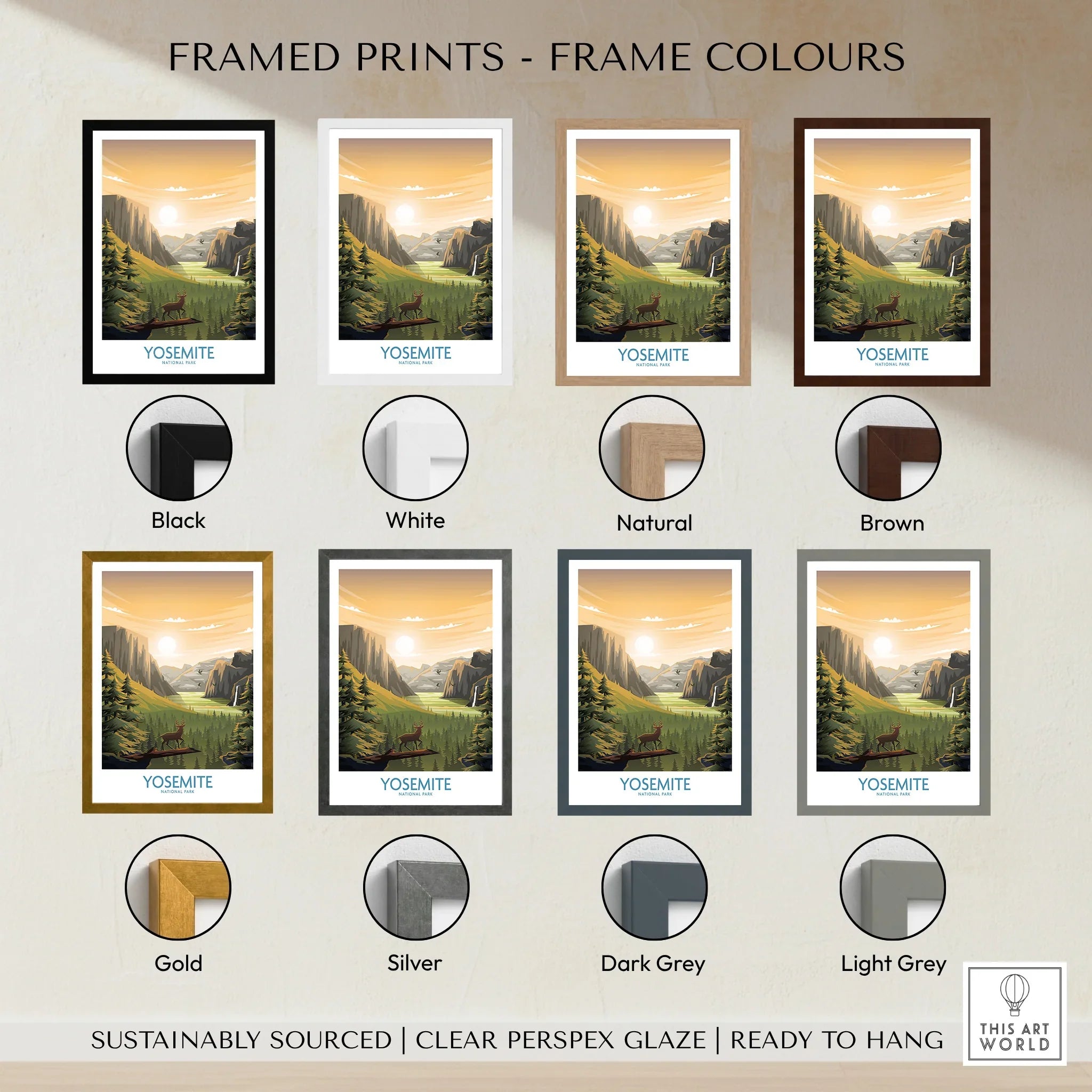 Yosemite National Park art print with eight frame colour options including black, white, gold, and grey.