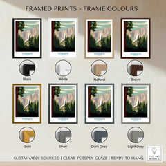 Yosemite National Park print in eight frame color options: black, white, natural, brown, gold, silver, dark grey, and light grey.