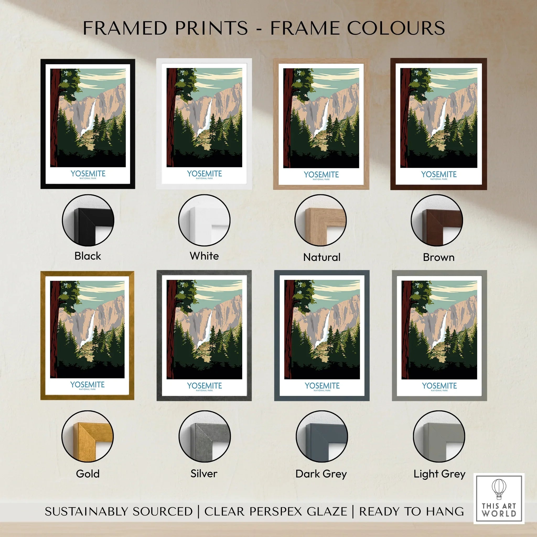 Yosemite National Park print in eight frame color options: black, white, natural, brown, gold, silver, dark grey, and light grey.