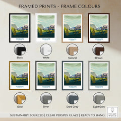Yosemite National Park poster in various frame colors, showcasing mountains and forest landscape wall art.