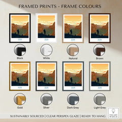 Zion National Park travel poster with eight frame color options: black, white, natural, brown, gold, silver, dark grey, and light grey.