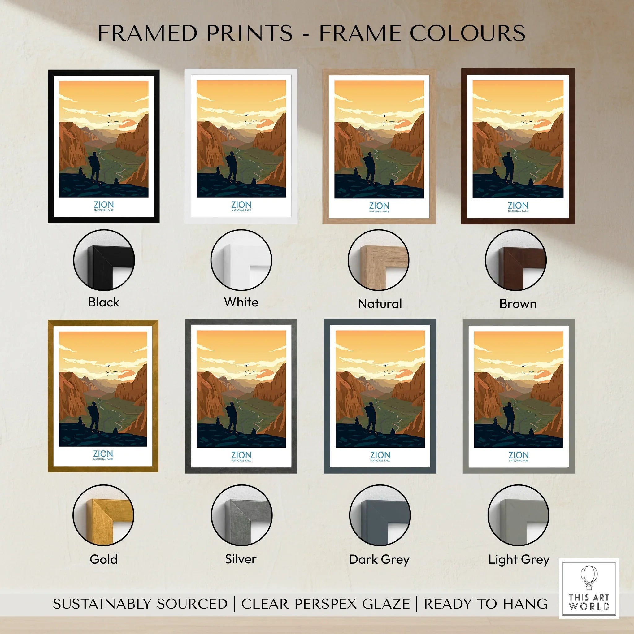 Zion National Park travel poster with eight frame color options: black, white, natural, brown, gold, silver, dark grey, and light grey.