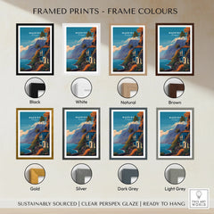 Madeira travel poster wall art in various frame colors including black, white, natural, brown, gold, silver, dark grey, and light grey.
