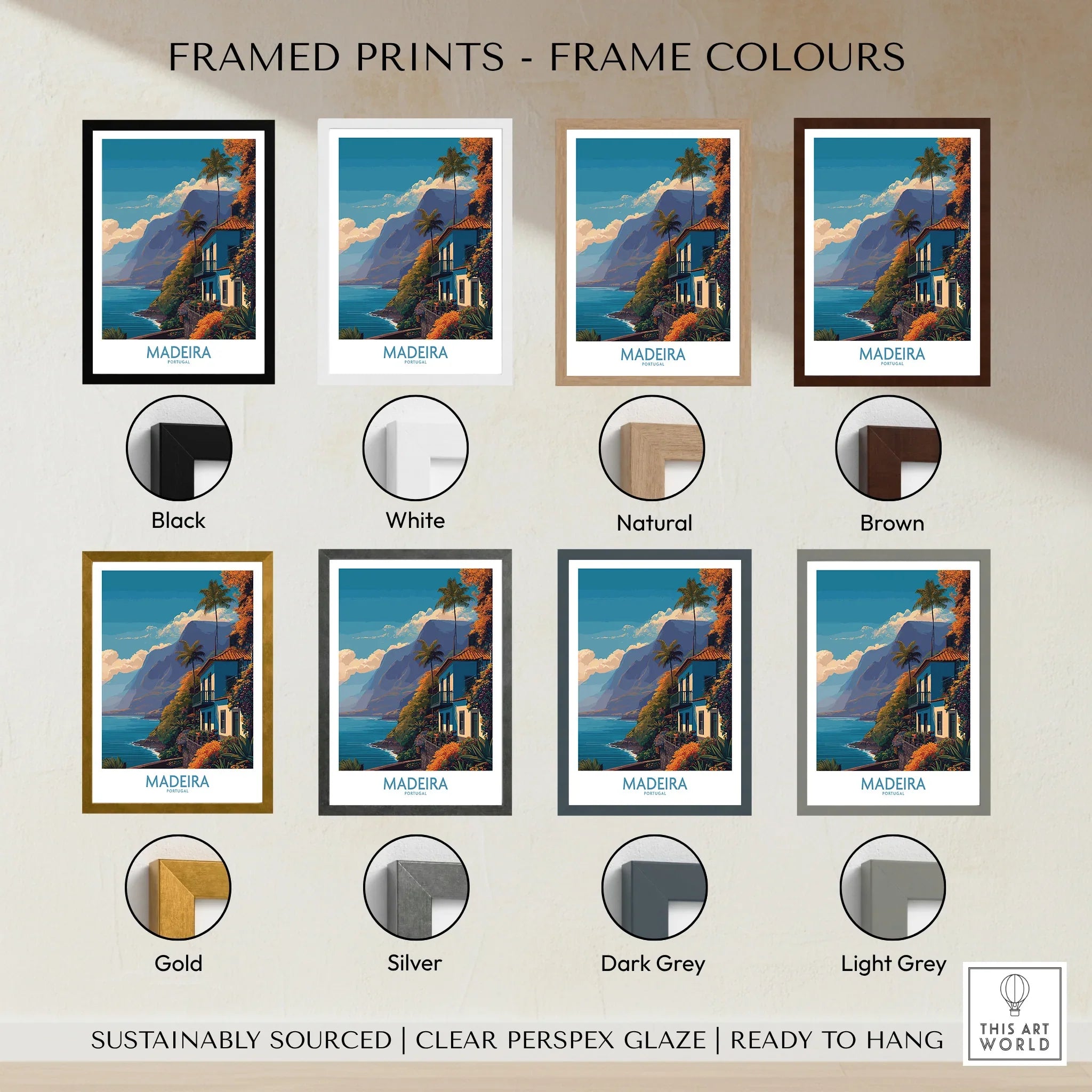 Madeira travel poster print in eight frame colors, featuring a scenic coastal landscape.