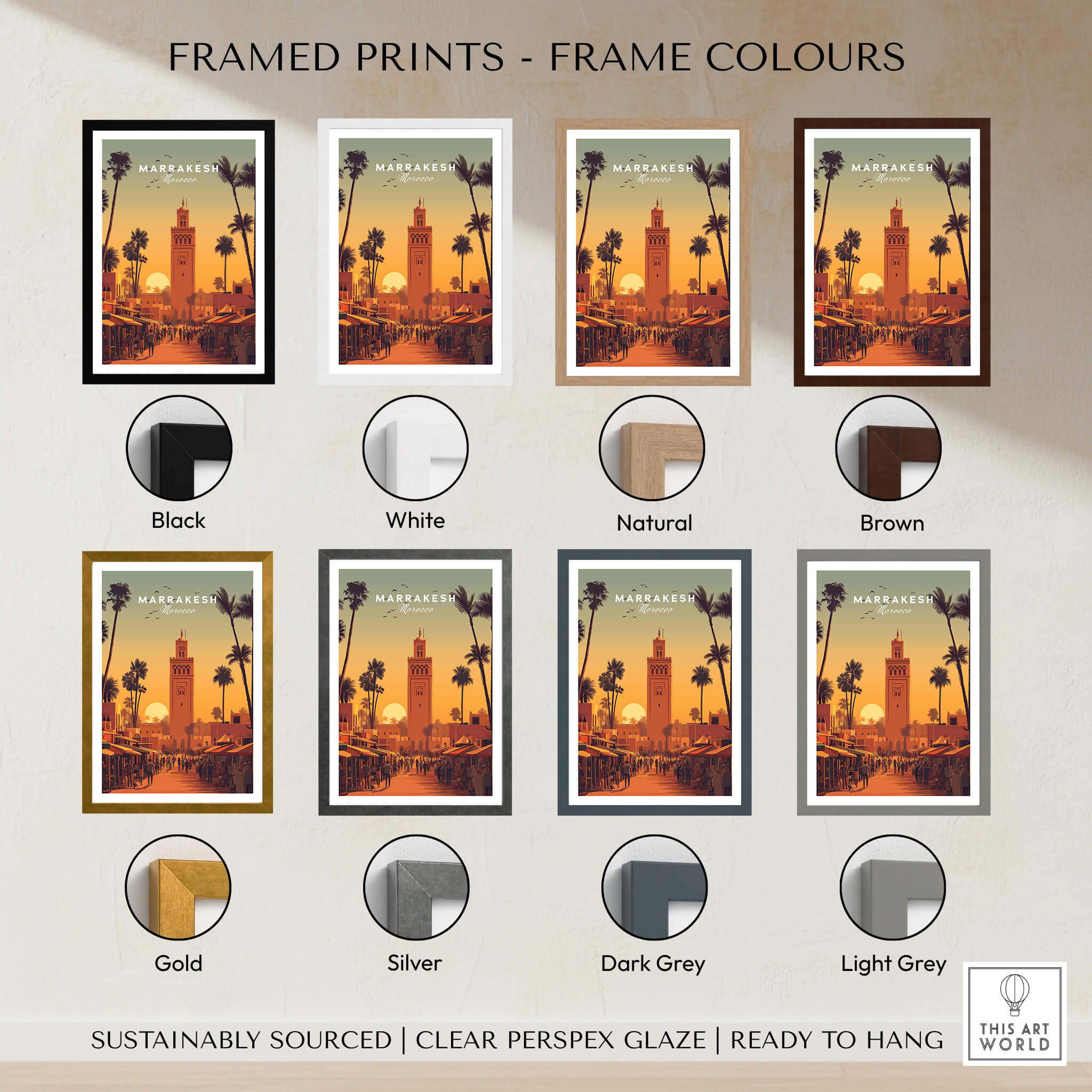 Marrakesh Morocco Wall Art Print | Koutoubia Mosque Travel Posters framed in various colors including black, white, natural, and brown.