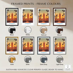 Framed prints color options for Marrakesh Morocco Posters | Historic Medina Sunset Canvas Print featuring various frame styles.