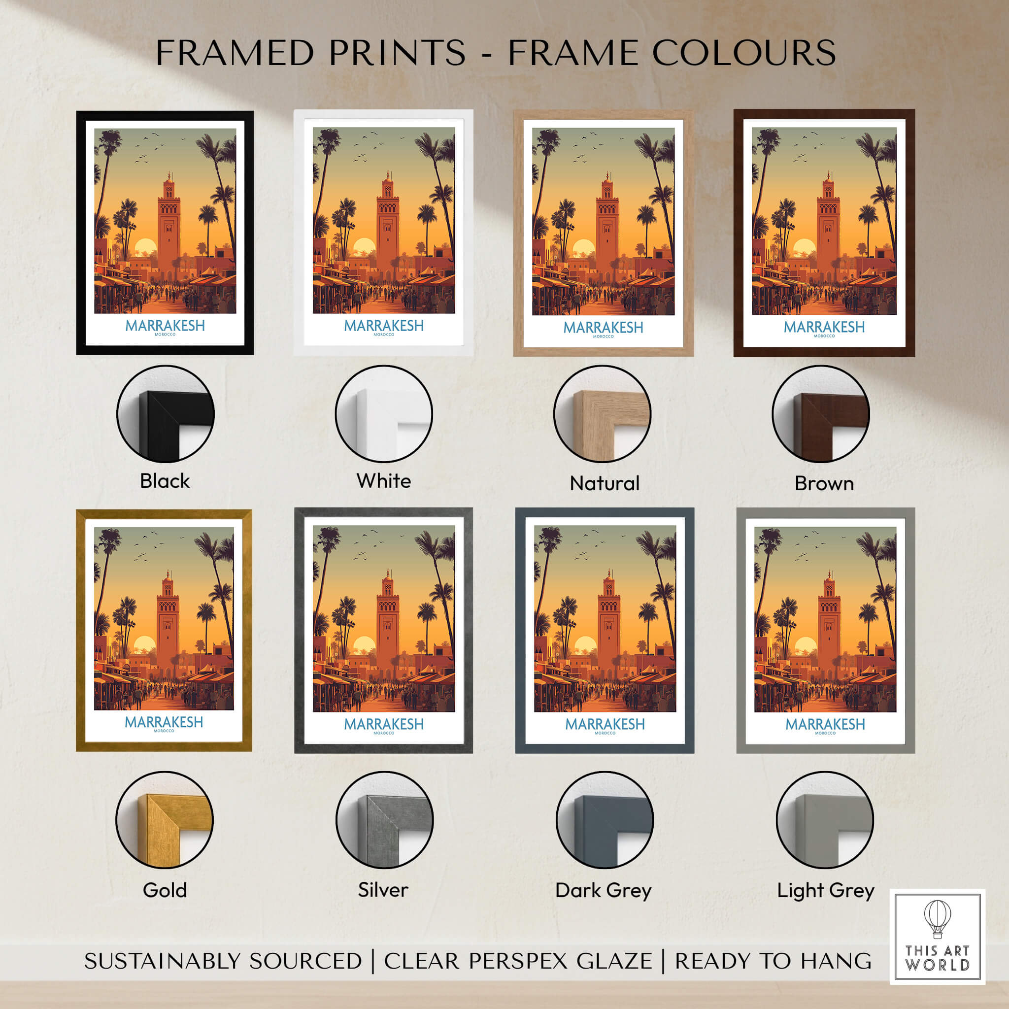 Framed prints color options for Marrakesh Morocco Posters | Historic Medina Sunset Canvas Print featuring various frame styles.