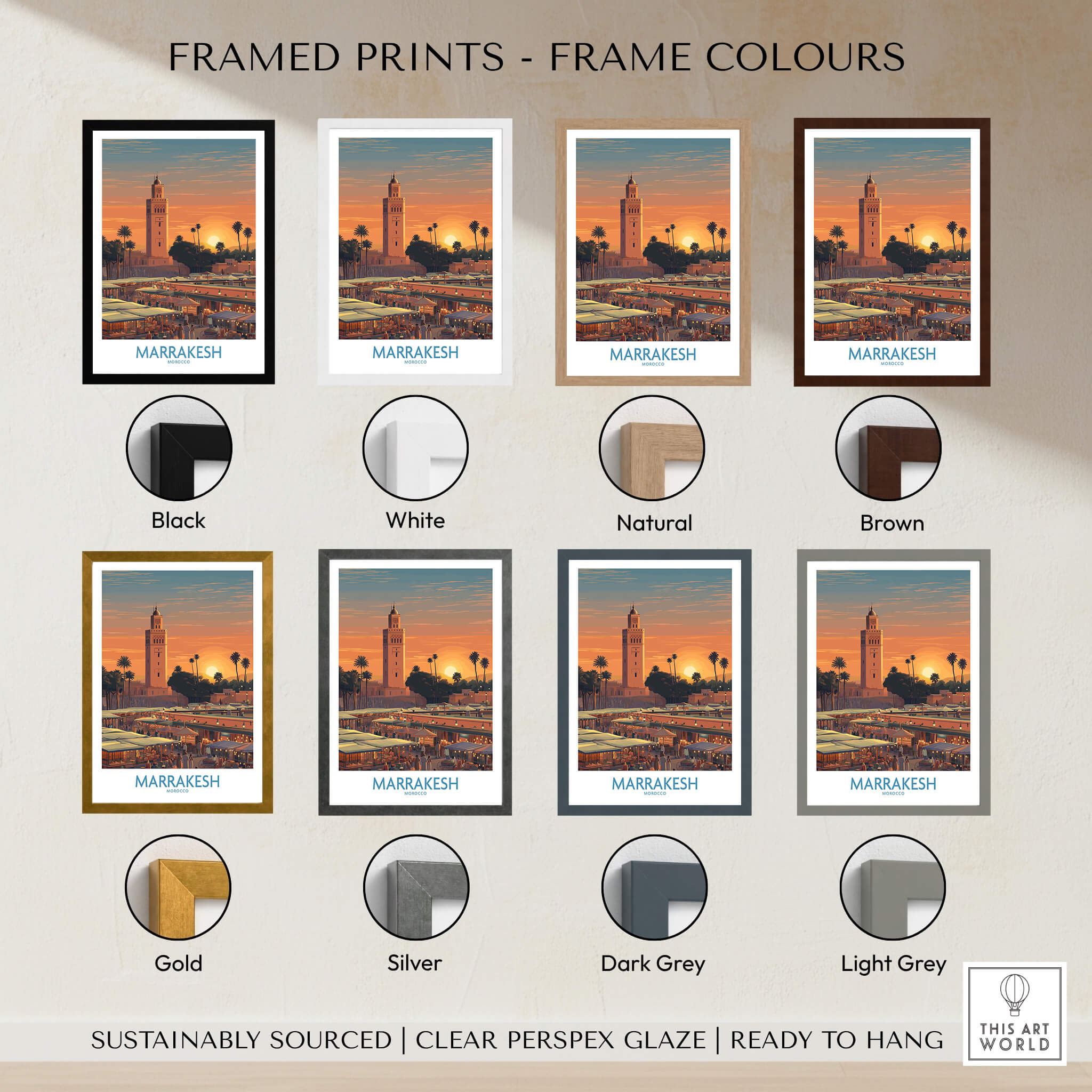 Framed prints color options for Marrakesh Morocco Canvas Art Print | Jemaa el-Fnaa Market Scene Poster.