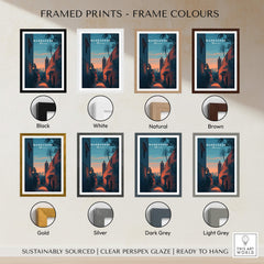 Framed prints in various colors showcasing Marrakesh Morocco Travel Poster | Medina Alleyway Twilight Wall Art Print.