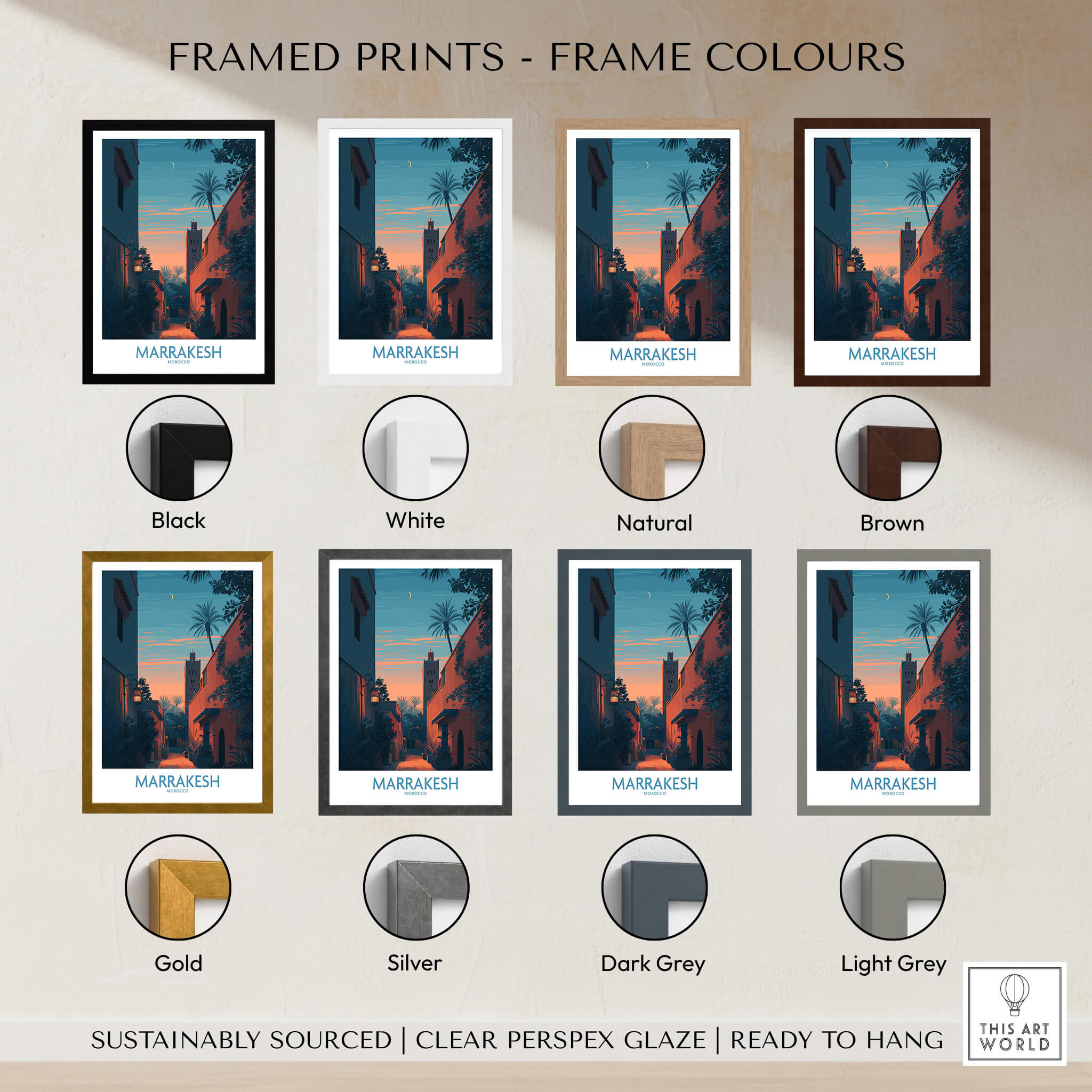 Framed Prints - Frame Colours for Marrakesh Morocco Canvas Print | Cityscape Poster showing various frame options.