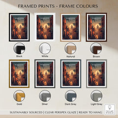 Framed prints options for Marrakesh Morocco Wall Art Print | Sunset Medina Alleyway Travel Poster in various colors.