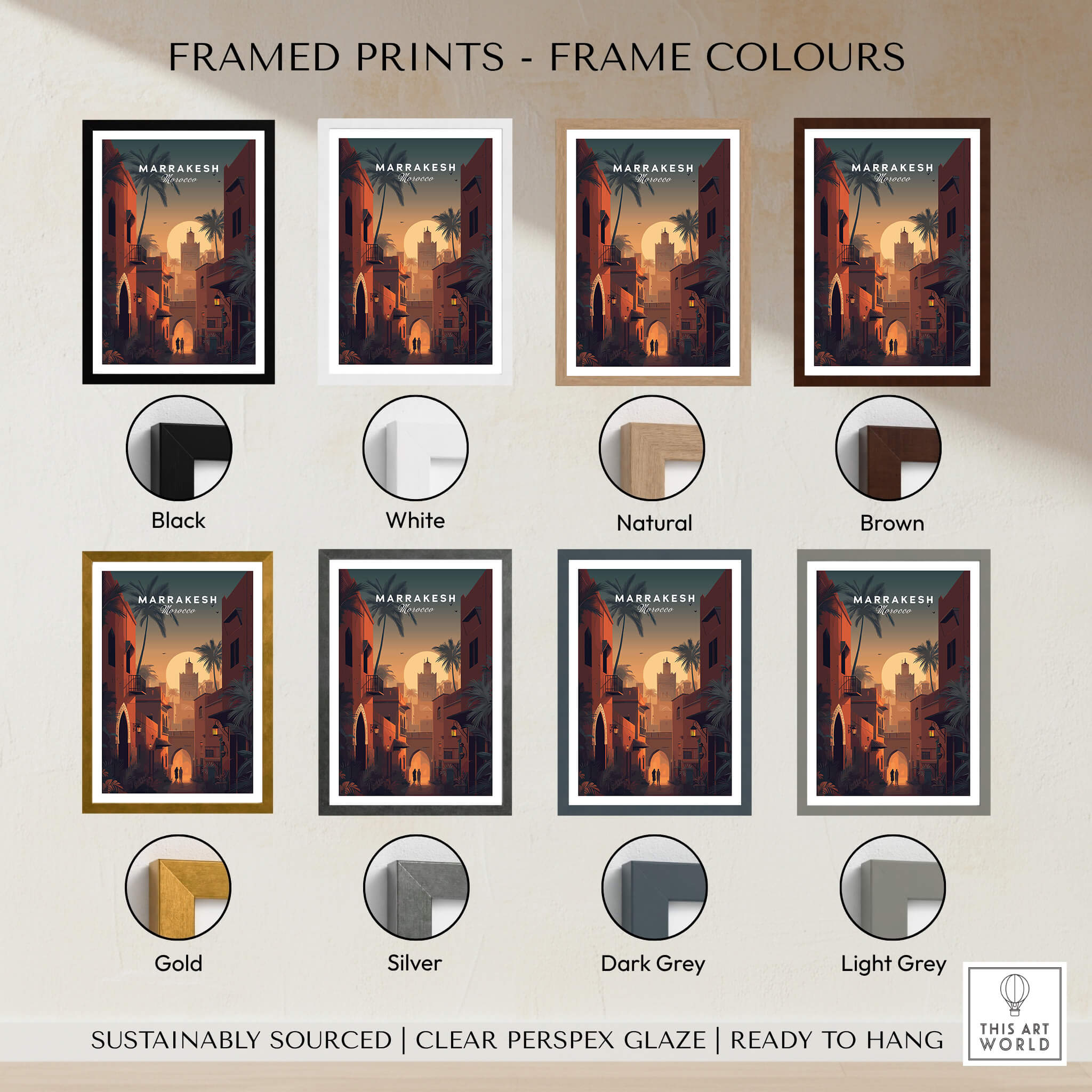 Framed prints options for Marrakesh Morocco Wall Art Print | Sunset Medina Alleyway Travel Poster in various colors.