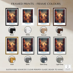 Marrakesh Morocco Poster | Romantic Moroccan Twilight Canvas Print available in various frame colors including black, white, and natural.