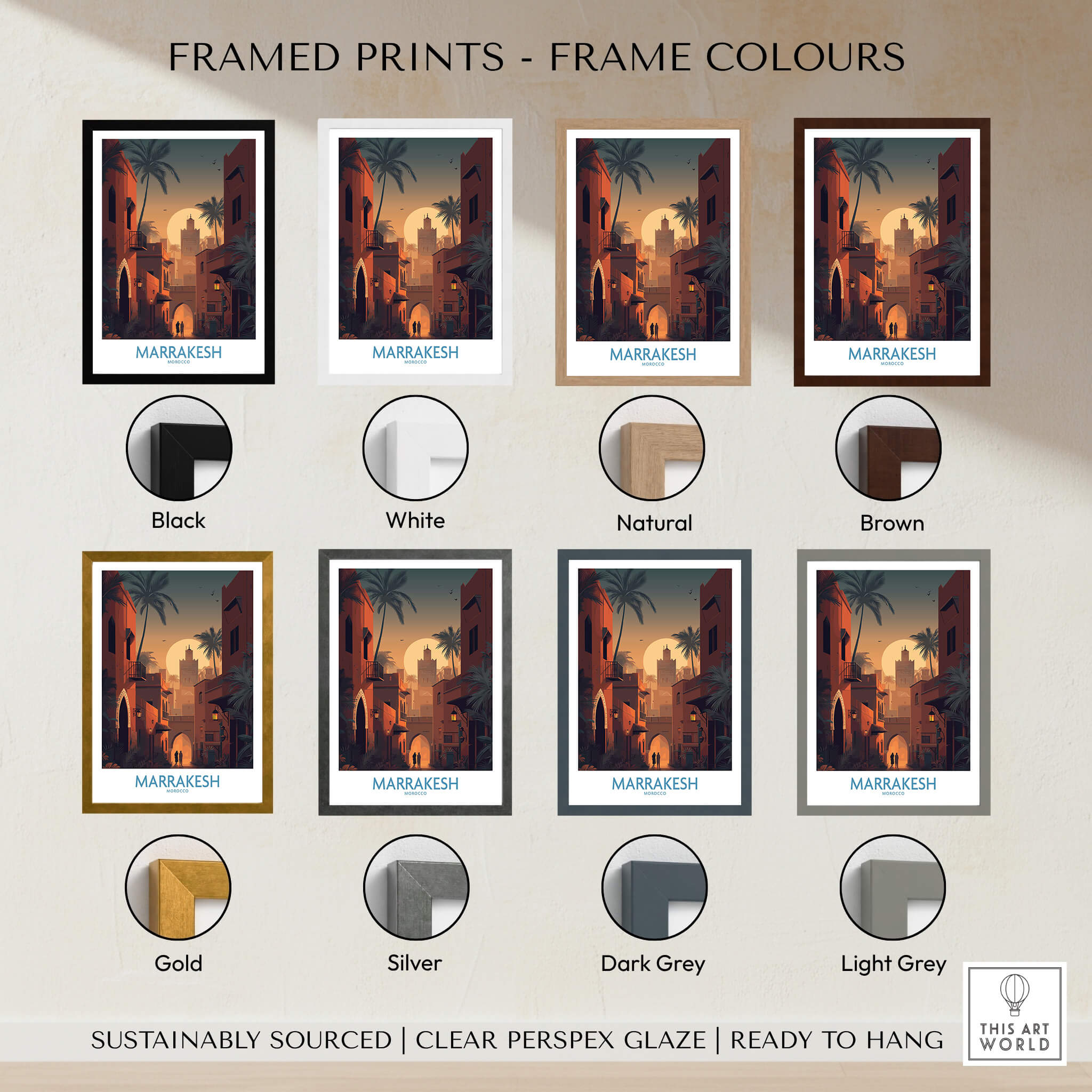 Marrakesh Morocco Poster | Romantic Moroccan Twilight Canvas Print available in various frame colors including black, white, and natural.