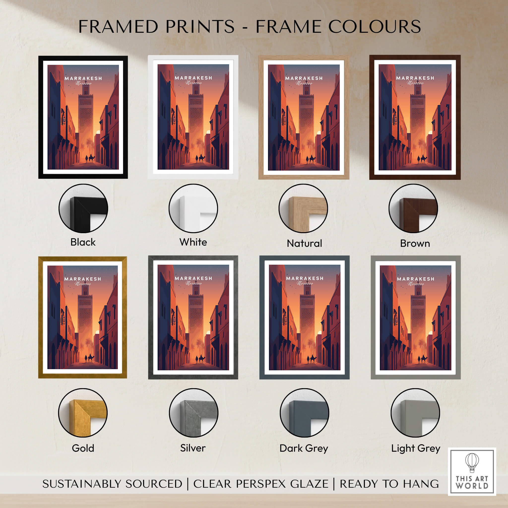 Marrakesh Morocco Travel Poster | Iconic Koutoubia Minaret Wall Art Print framed in various colors including black, white, natural, and brown.