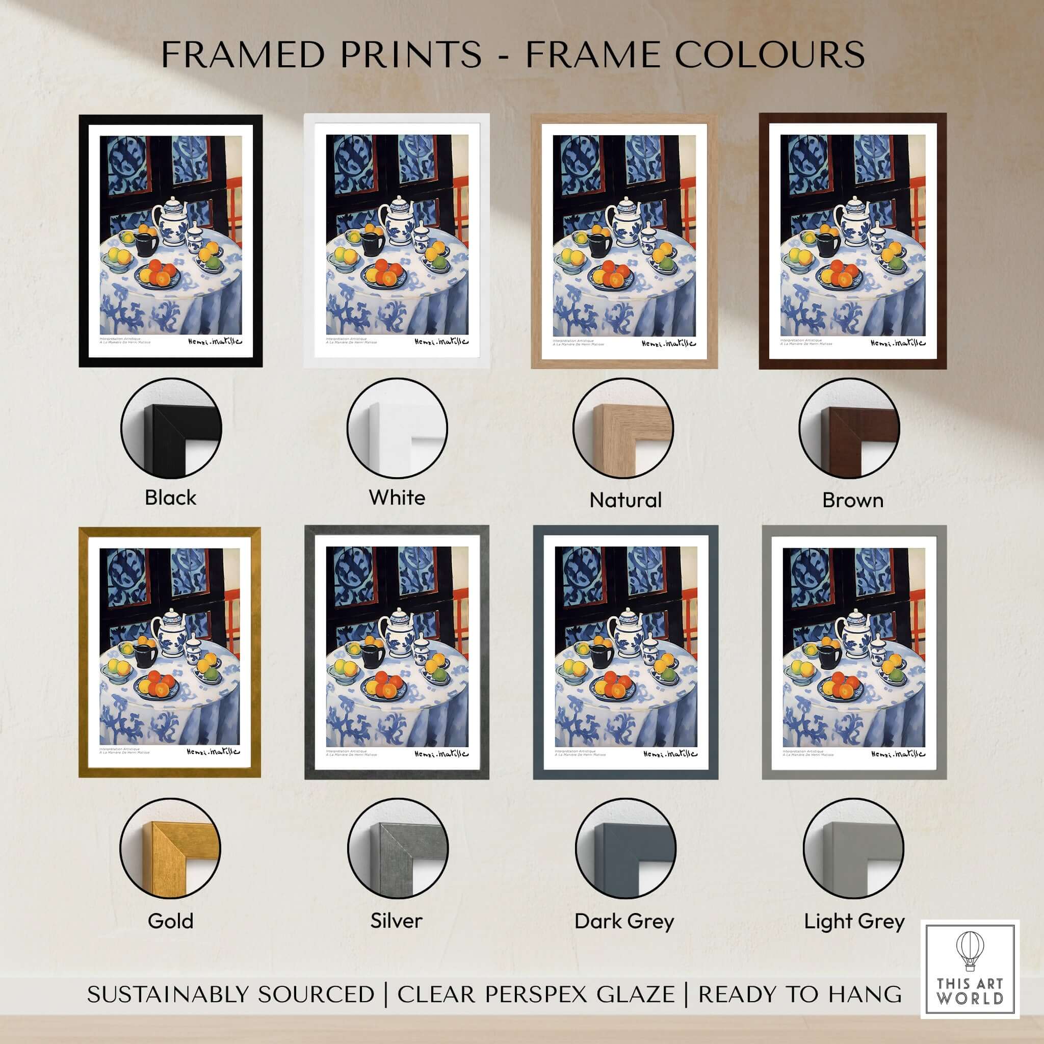 Matisse Art Prints - Still Life Blue Tablecloth Poster framed print color options including black, white, natural, brown, gold, silver, dark grey, light grey.