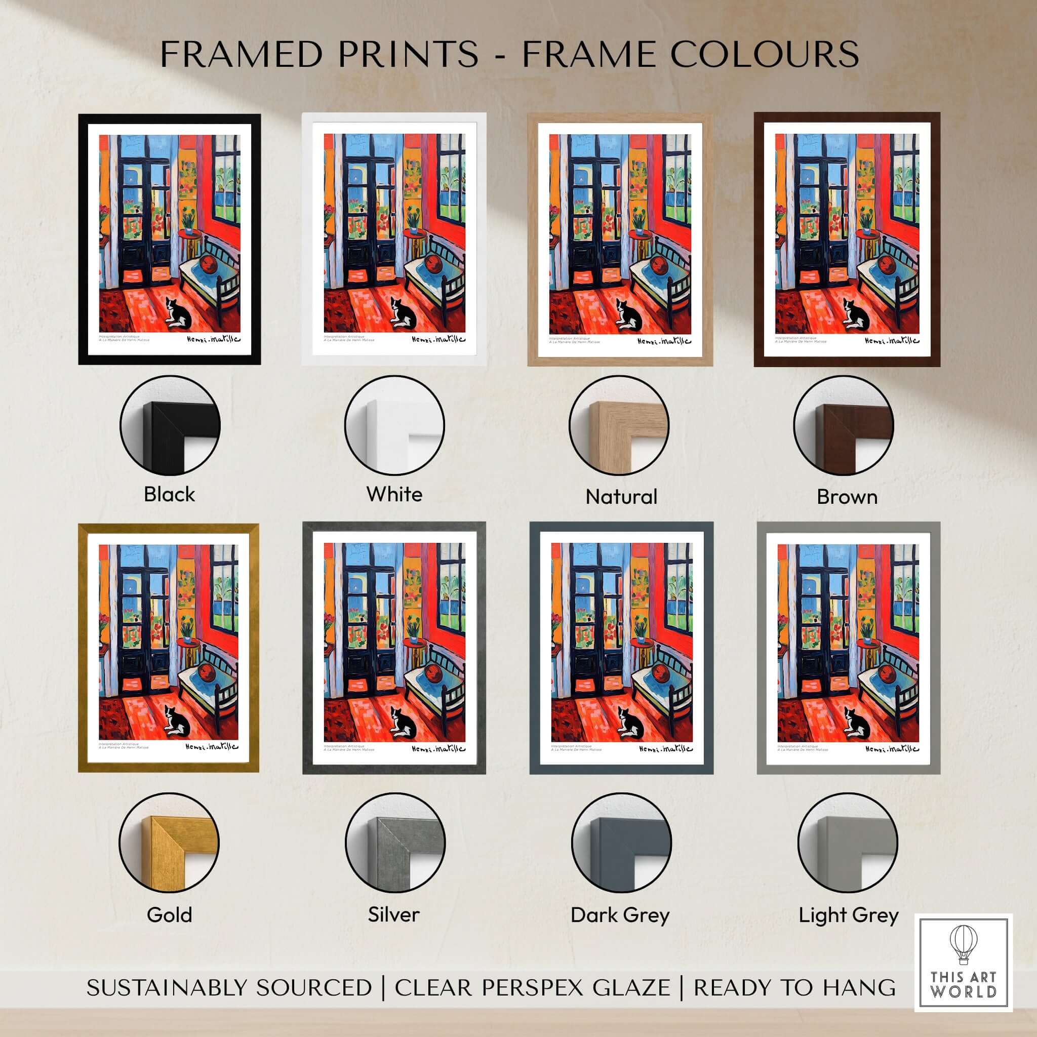 Matisse Art Prints - Interior with Cat and Open Door Poster displayed with various frame colors options.