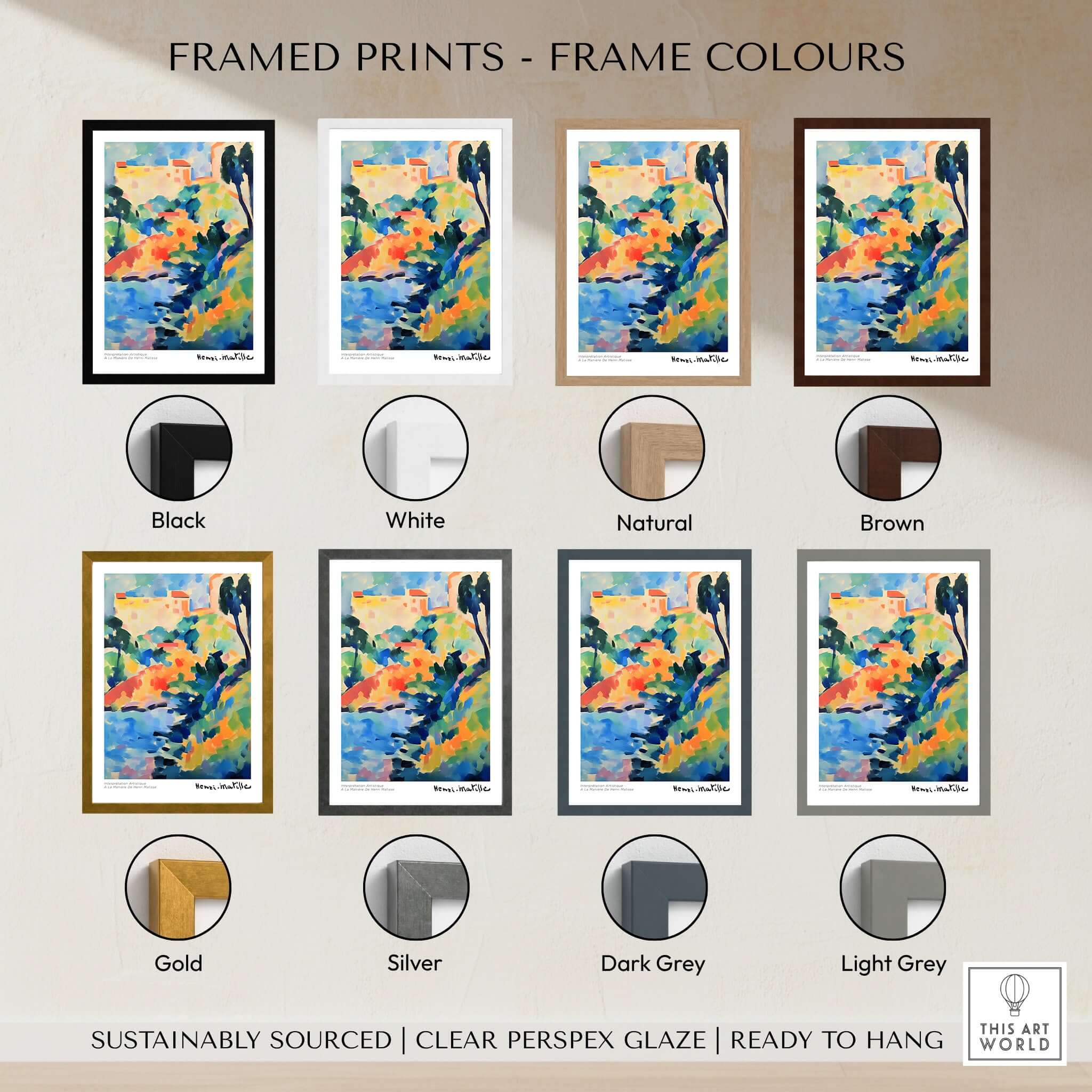 Framed prints featuring various frame colors including Black, White, Natural, Brown, Gold, Silver, Dark Grey, and Light Grey.