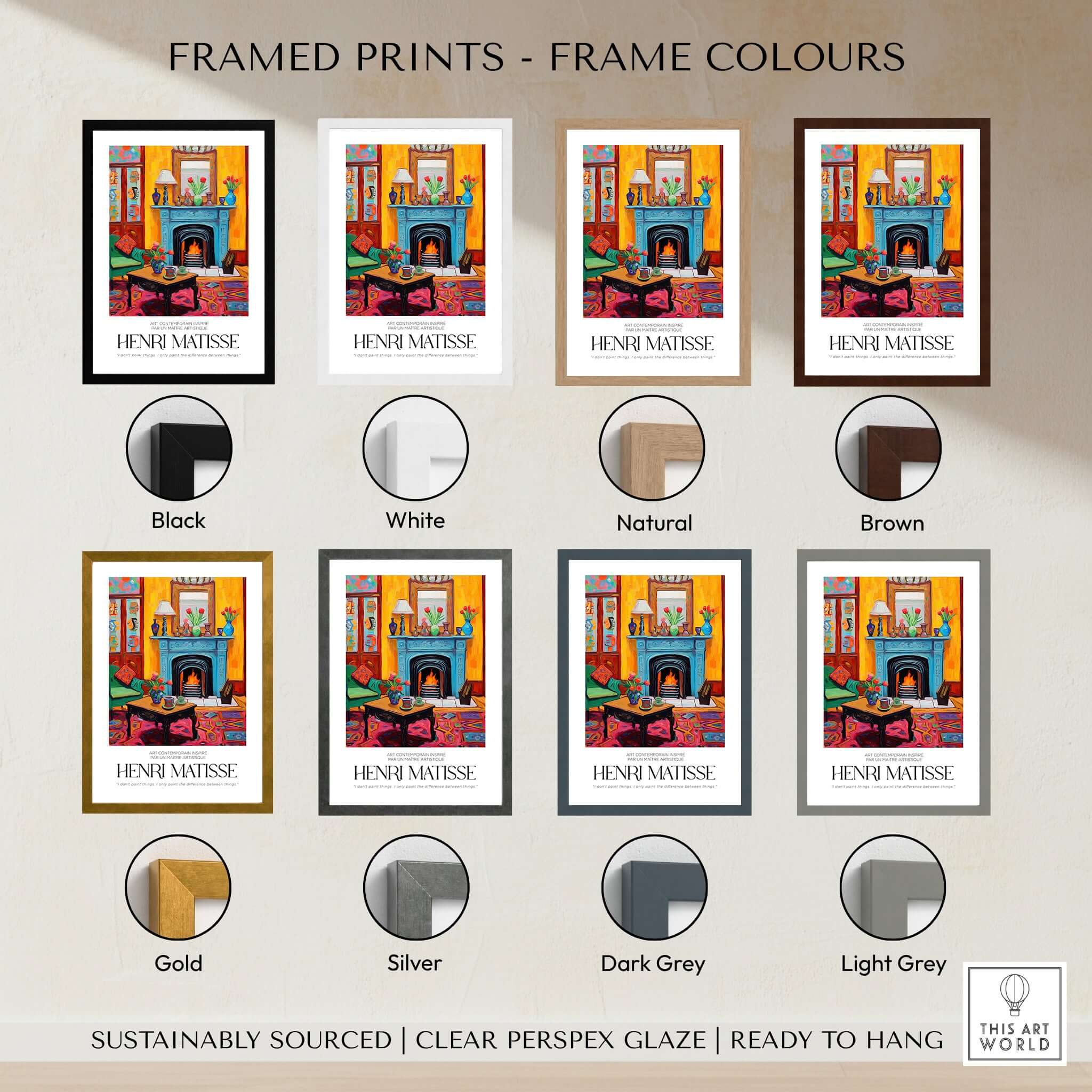 Matisse Art Prints - Cozy Fireplace Interior Poster framed print color options including black, white, natural, brown, gold, silver, dark grey, and light grey.