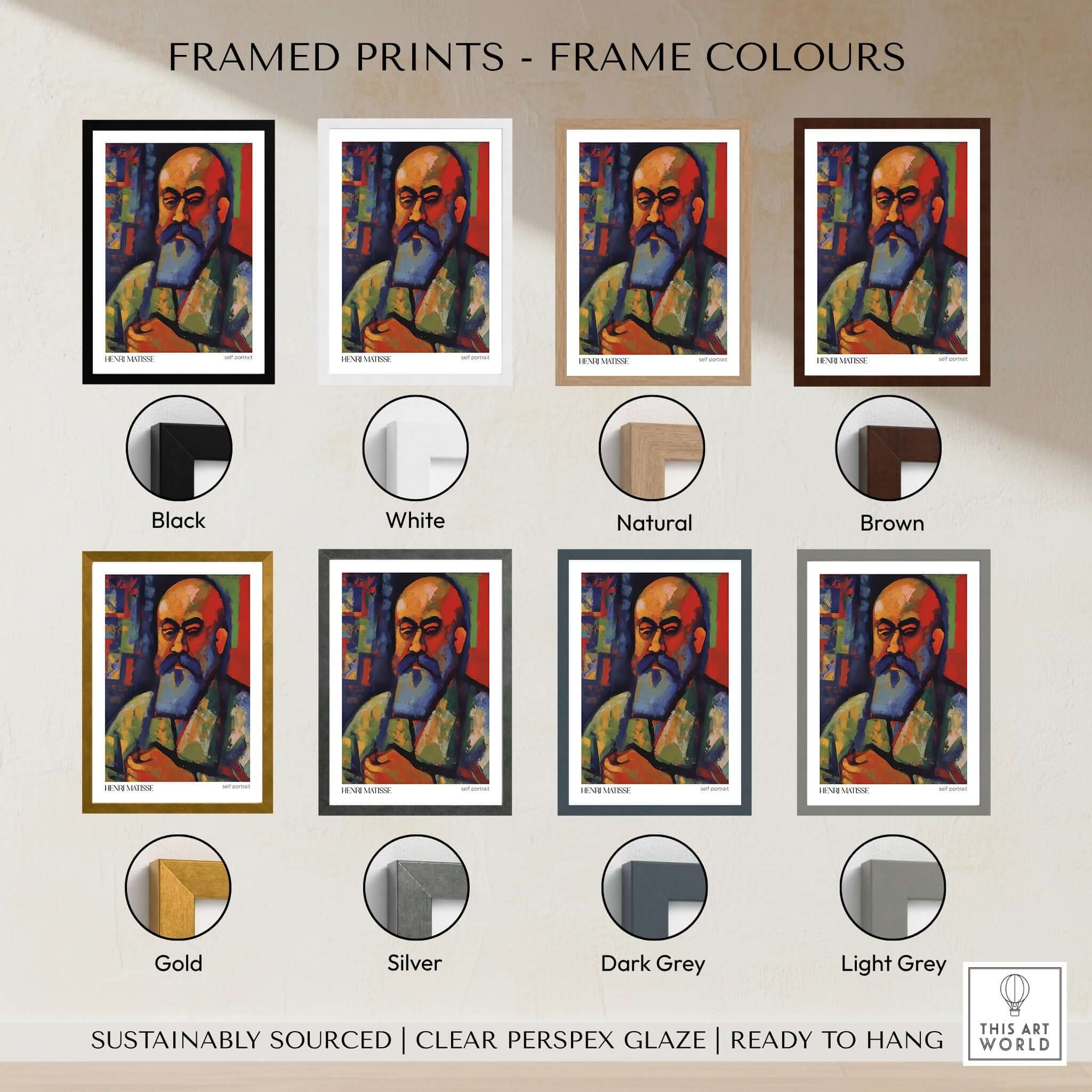 Framed Prints - Frame Colours featuring Matisse Art Prints - Fauvist Self Portrait Art Print in various frame styles.