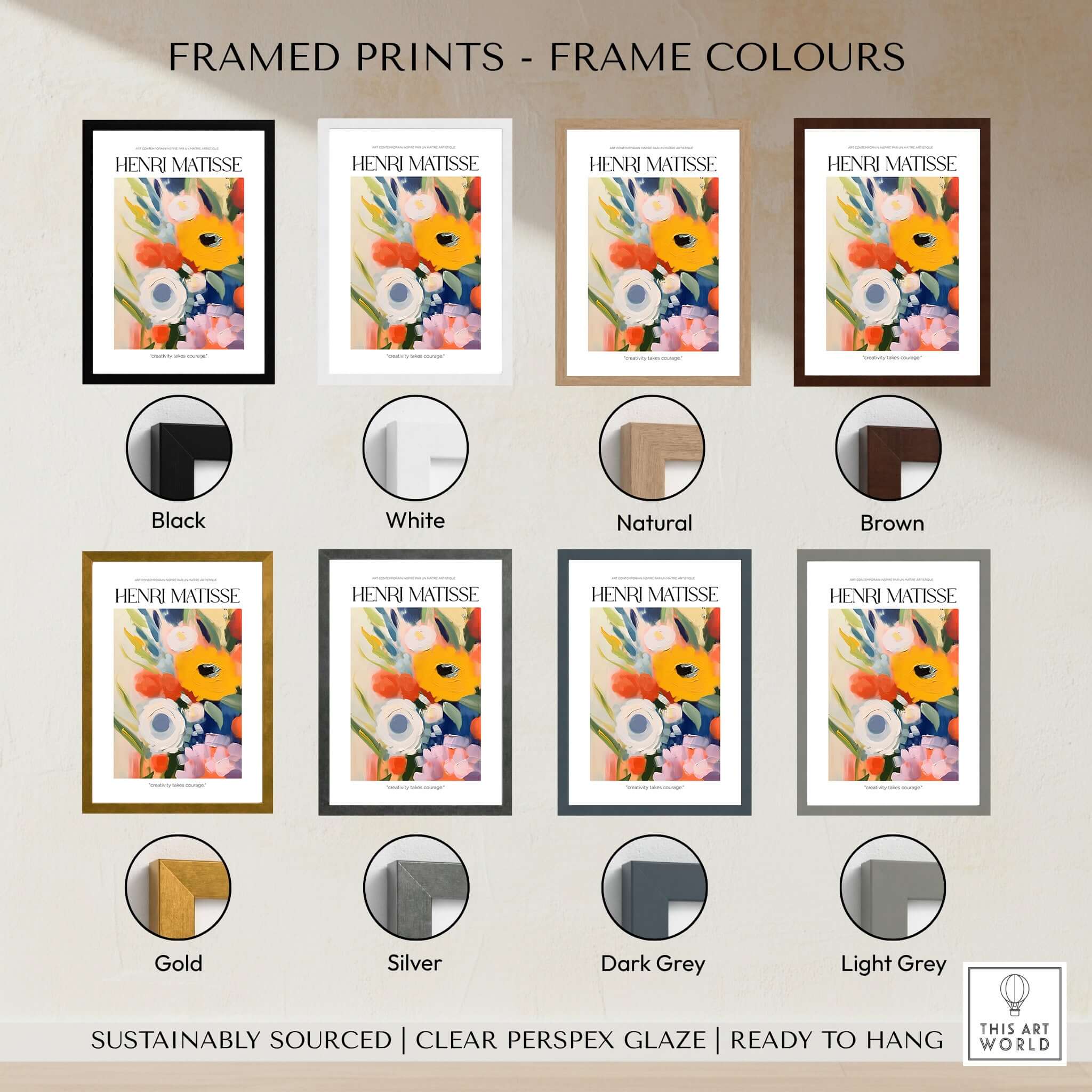 Matisse Art Prints - Abstract Flowers Poster displayed in various frame colors including black, white, natural, and brown.