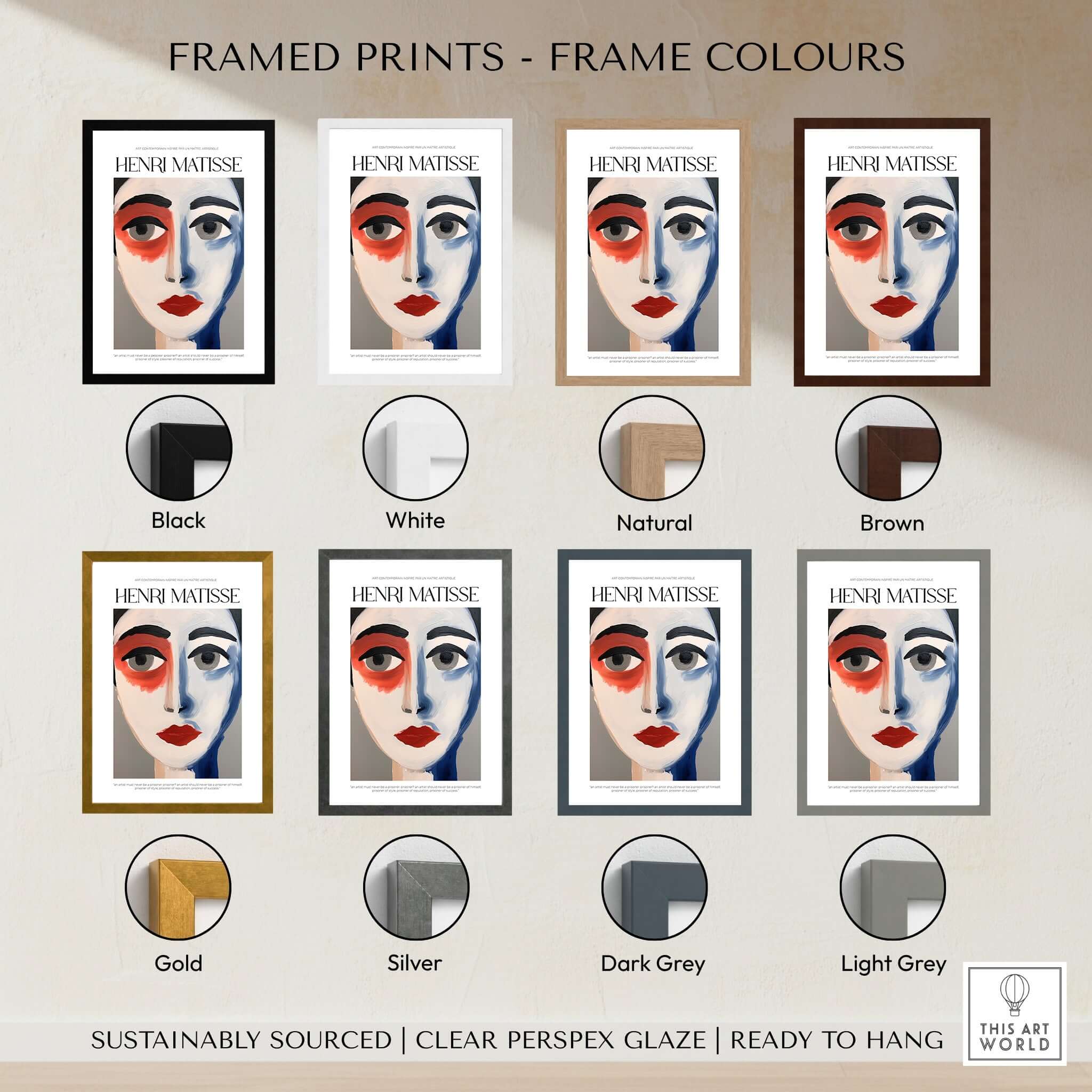 Matisse Art Prints - Abstract Face Portrait Poster framed options including black, white, natural, brown, gold, silver, dark grey, light grey.