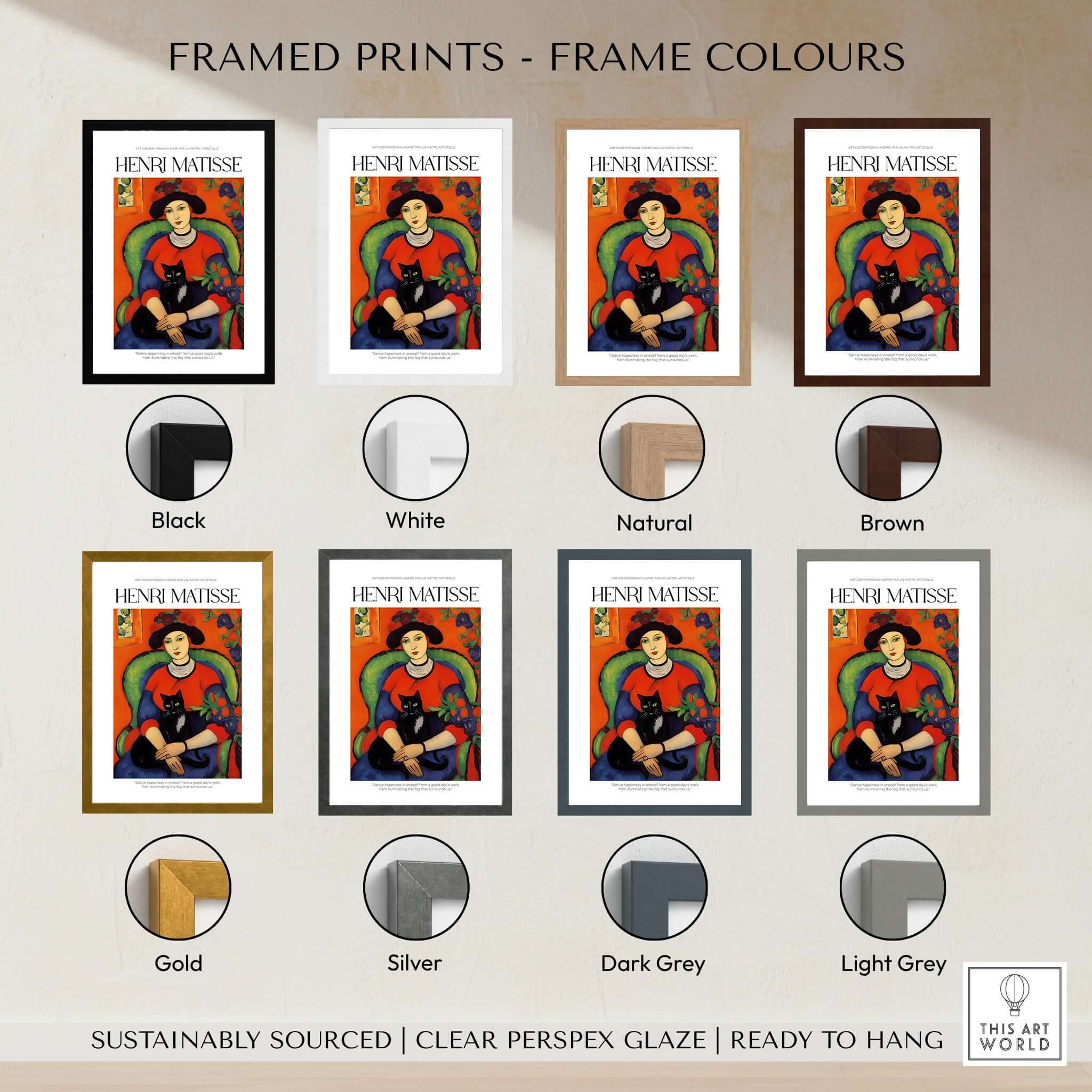 Matisse Art Prints - Woman with Black Cat Interior Poster shown with various frame colors options, including Black, White, Natural, and more.