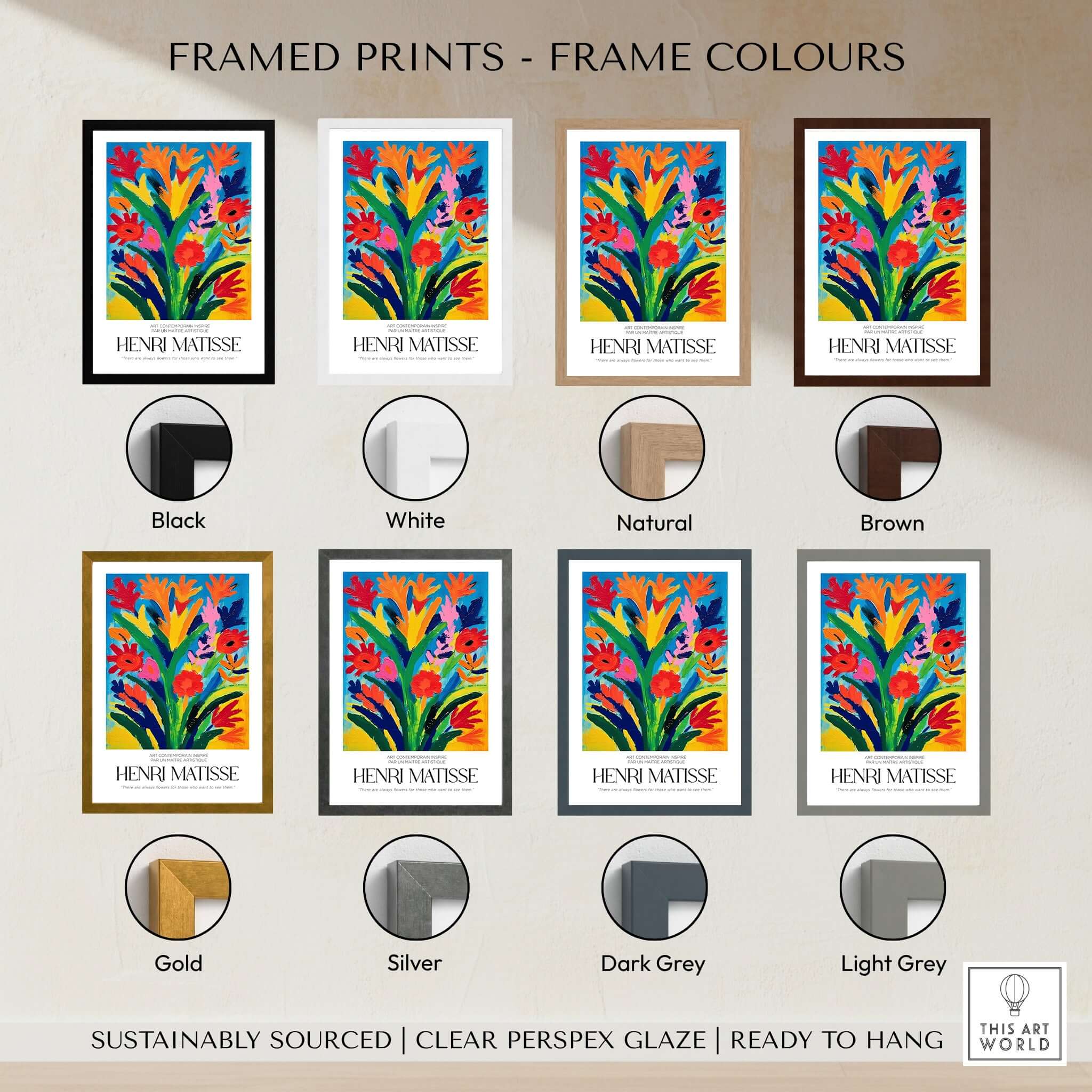 Matisse Art Prints - Abstract Floral Bouquet Print in various frame colors including black, white, natural, brown, gold, silver, dark grey, light grey.