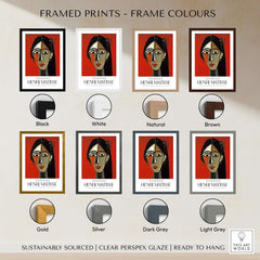 Matisse Art Prints - Stylized Woman Portrait Red Wall Art framed in various colors including black, white, natural, brown, gold, silver, dark grey, and light grey.