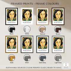 Matisse Art Prints - Woman Portrait Wall Art framed in various colors including black, white, natural, and gold options.