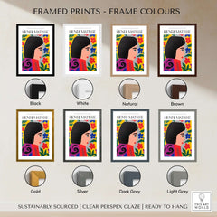 Matisse Art Prints - Floral Woman displayed in various frame colors including black, white, natural, brown, gold, silver, dark grey, and light grey.