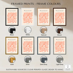 Matisse Art Prints - Peach Coral Swirl Abstract Poster framed in various colours including black, white, natural, and brown.