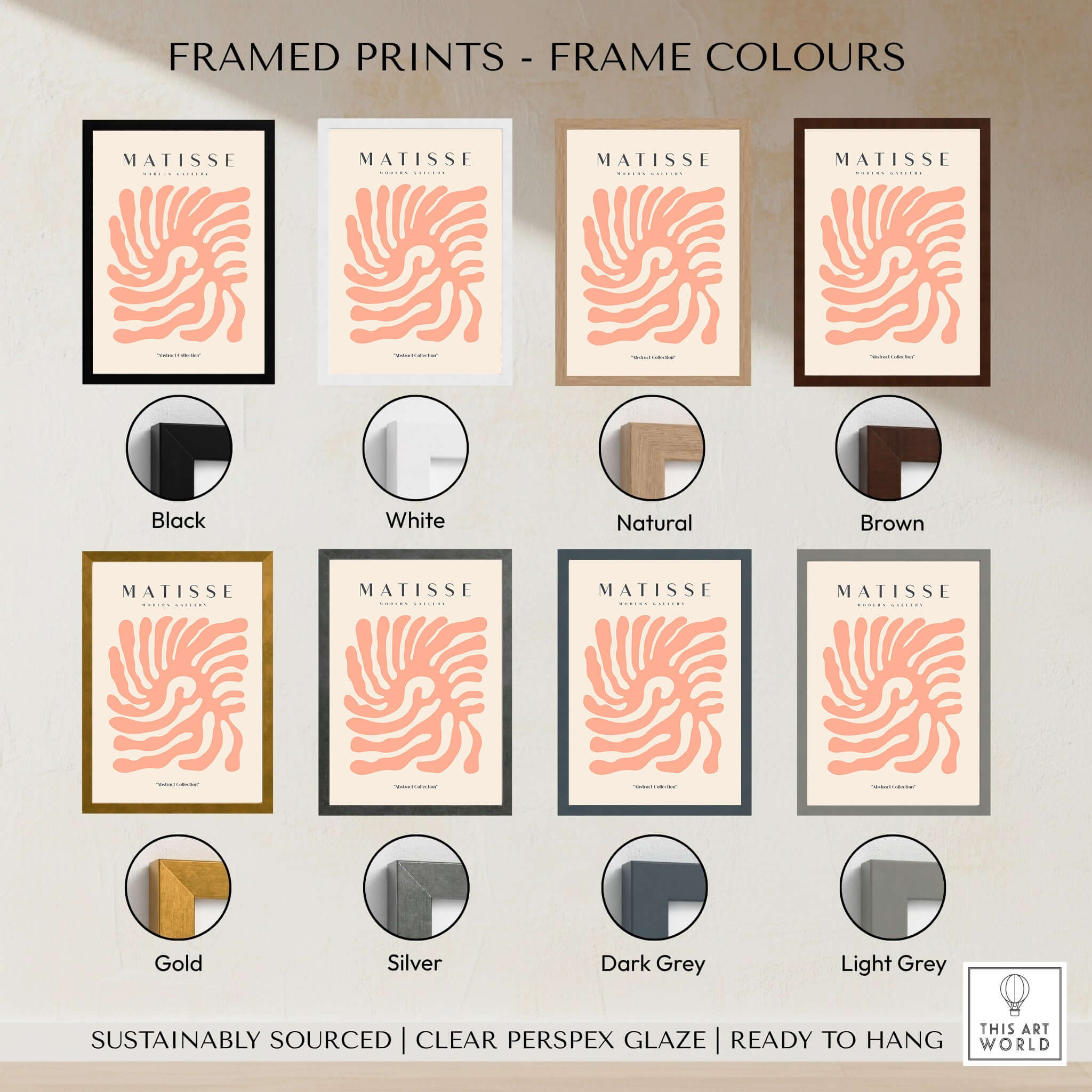 Matisse Art Prints - Peach Coral Swirl Abstract Poster framed in various colours including black, white, natural, and brown.