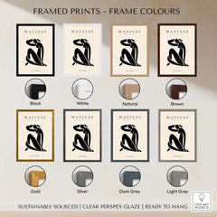 Matisse Art Prints - Figurative Lady Poster Art displayed in various frame colors including black, white, natural, and brown.