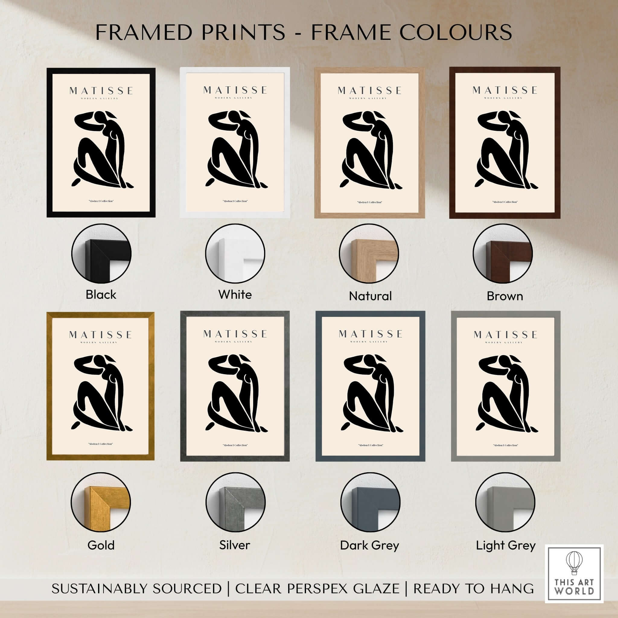 Matisse Art Prints - Figurative Lady Poster Art displayed in various frame colors including black, white, natural, and brown.