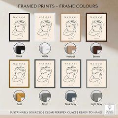 Matisse Art Prints - Abstract Line Drawing of Lady framed prints in various colors including black, white, gold, and more.