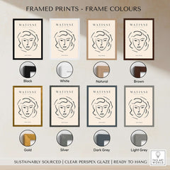 Matisse Art Prints - Abstract Line Face Drawing displayed in various frame colors including black, white, natural, and brown.