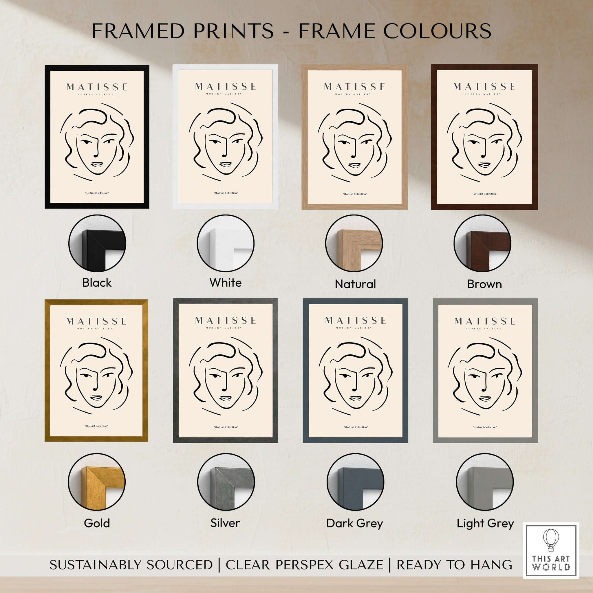 Matisse Art Prints - Abstract Line Face Drawing displayed in various frame colors including black, white, natural, and brown.