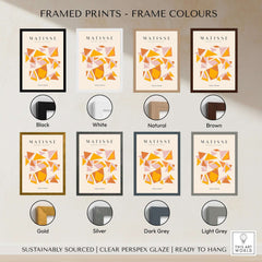 Matisse Art Prints - Warm Tone Geometric Triangles Poster framed in various colors including black, white, gold, and more.