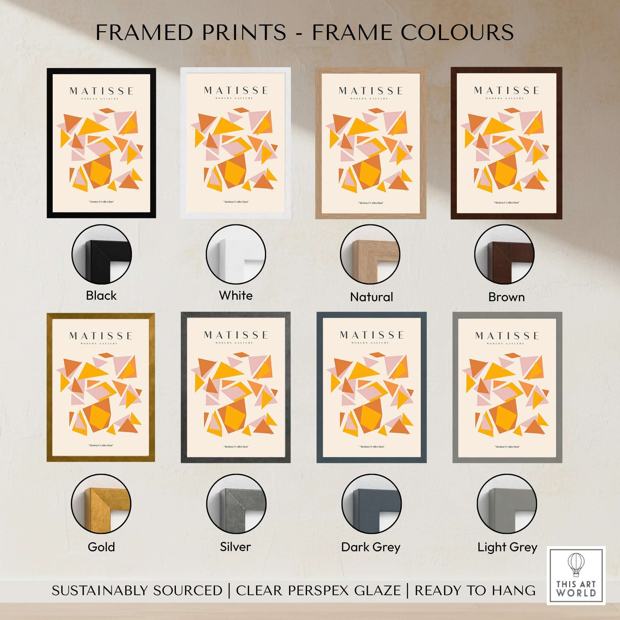 Matisse Art Prints - Warm Tone Geometric Triangles Poster framed in various colors including black, white, gold, and more.