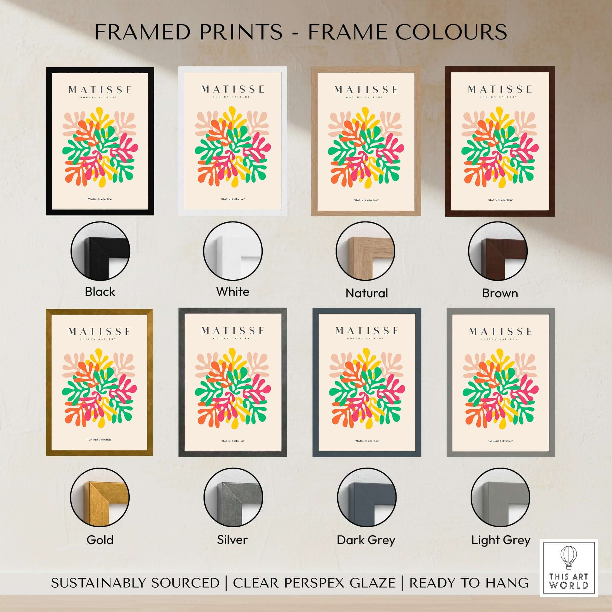 Matisse Art Prints - Interlocking Colorful Leaves Abstract Print shown in various frame colors including black, white, natural, and brown.