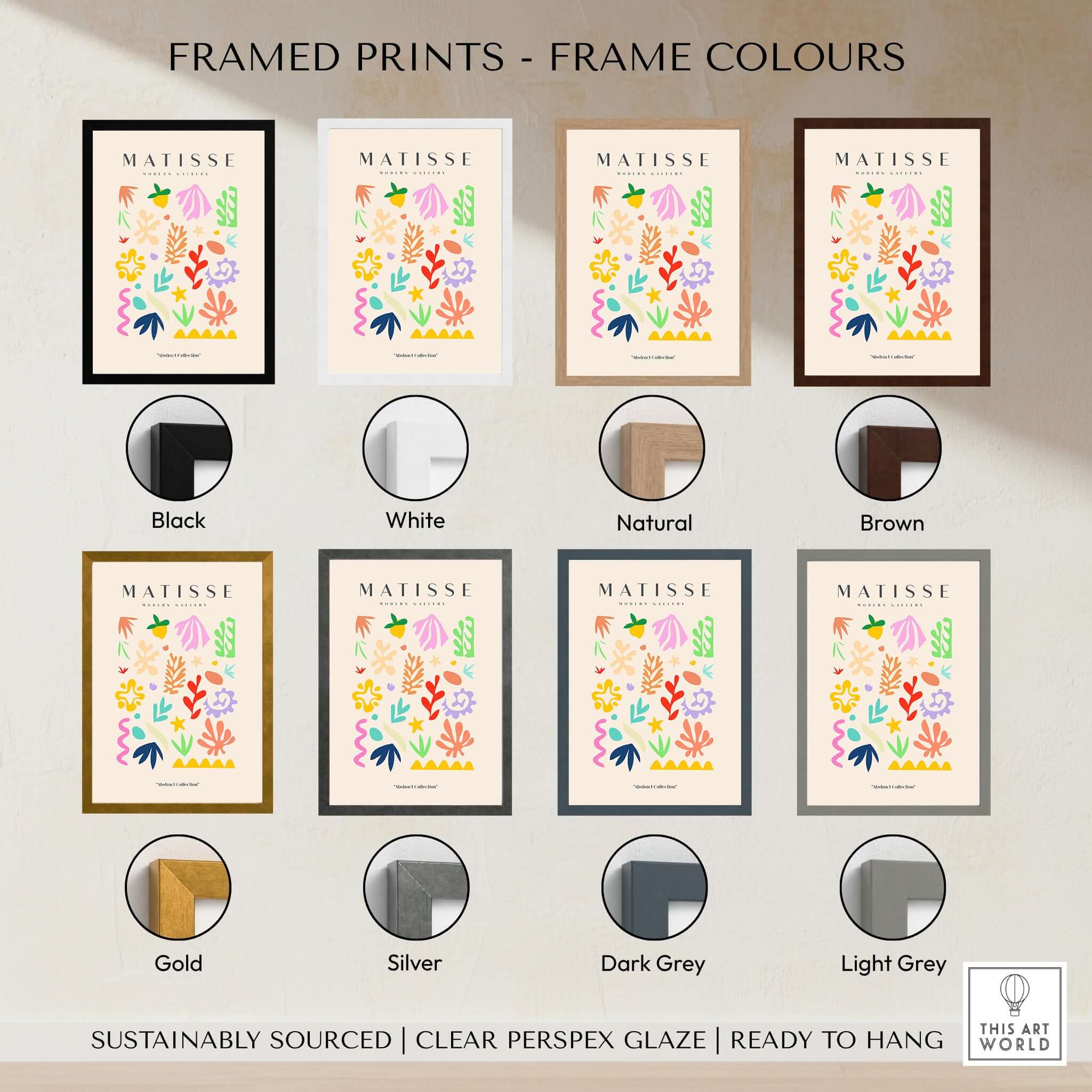 Matisse Art Prints - Playful Abstract Shapes Mix Wall Art showcased with various frame colors including black, white, natural, and brown.