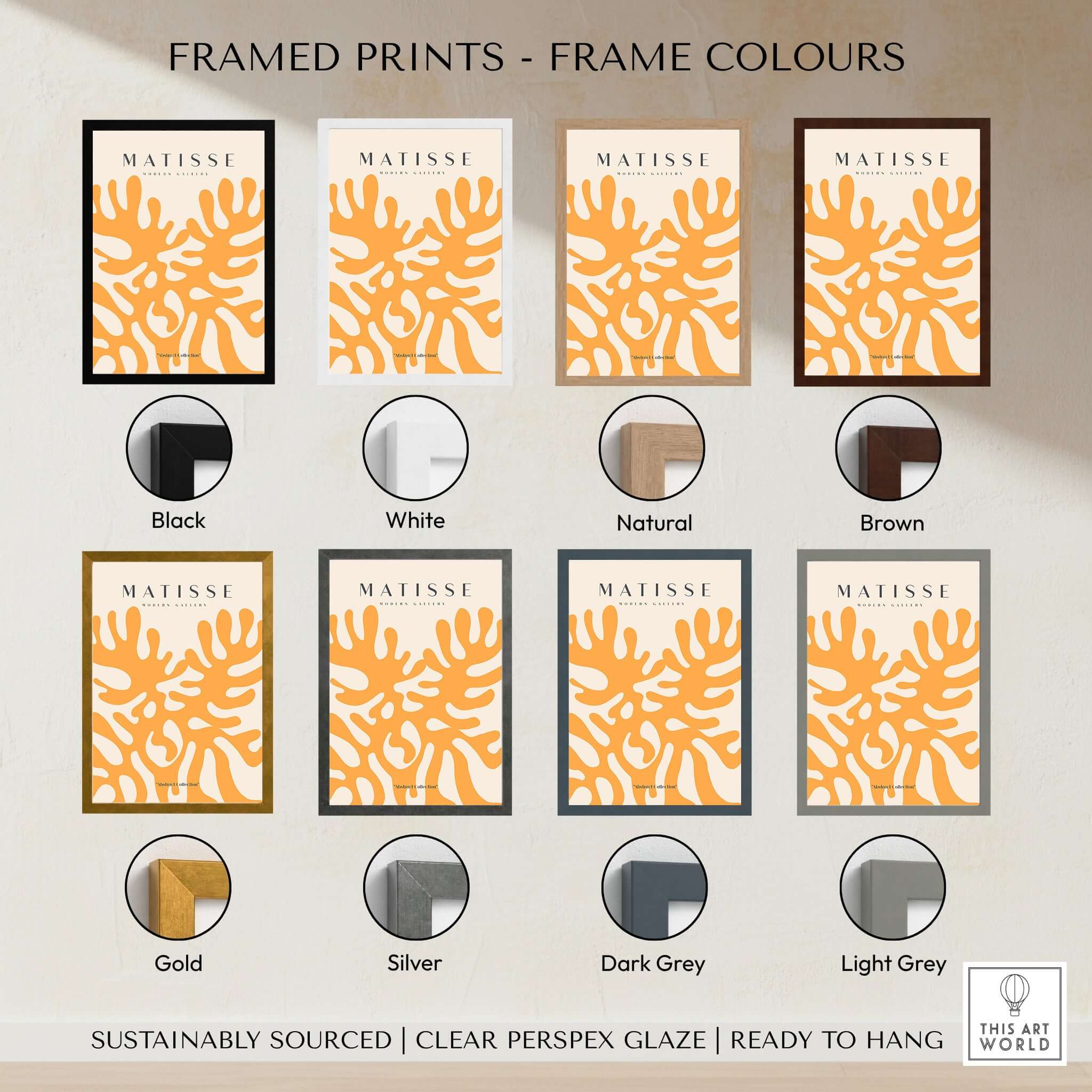 Matisse Art Prints - Orange Abstract Coral Pattern Poster displayed in various frame colors including black, white, and natural.