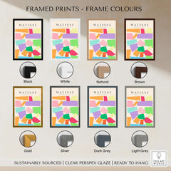 Matisse Art Prints - Colorful Geometric Shapes Abstract Print framed in various colors including black, white, and natural.