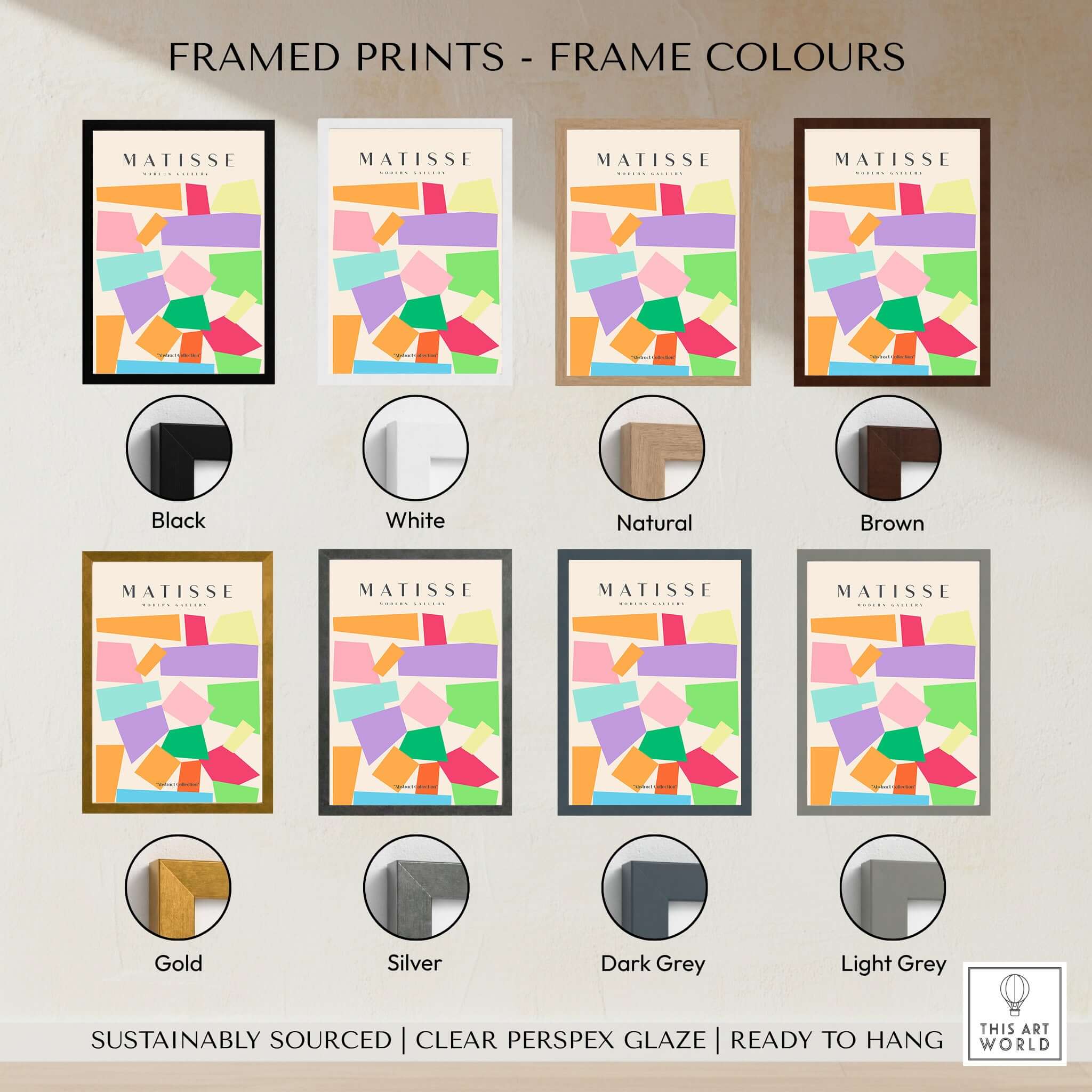 Matisse Art Prints - Colorful Geometric Shapes Abstract Print framed in various colors including black, white, and natural.