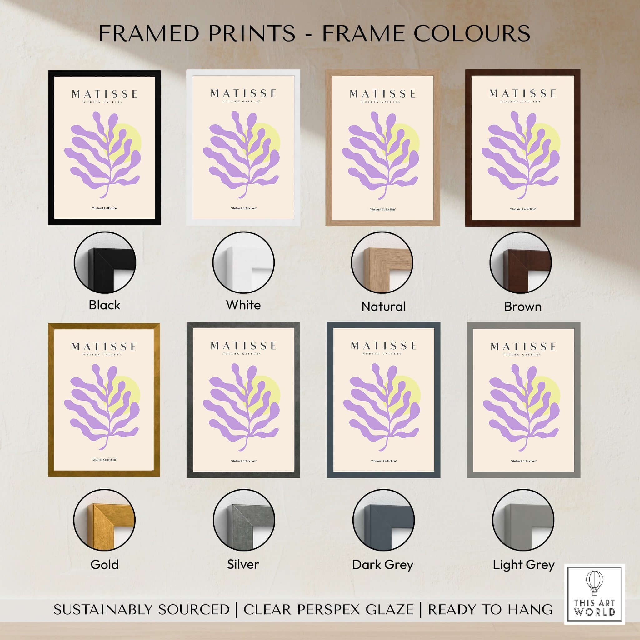 Matisse Art Prints - Purple Botanical Abstract Poster framed in various colors including Black, White, Natural, Brown, Gold, Silver, Dark Grey, Light Grey.