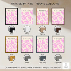 Framed Matisse Art Prints - Pink Abstract Shapes Pattern Poster with various frame colors options: black, white, natural, brown, gold, silver, dark grey, light grey.