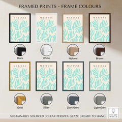 Matisse Art Prints - Mint Green Fan Pattern Poster Art displayed in various frame colors including black, white, natural, brown, gold, silver, dark grey, and light grey.