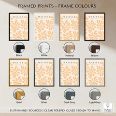 Matisse Art Prints - Peach Floral Abstract Pattern Print showcased in various frame colors including black, white, natural, and brown.