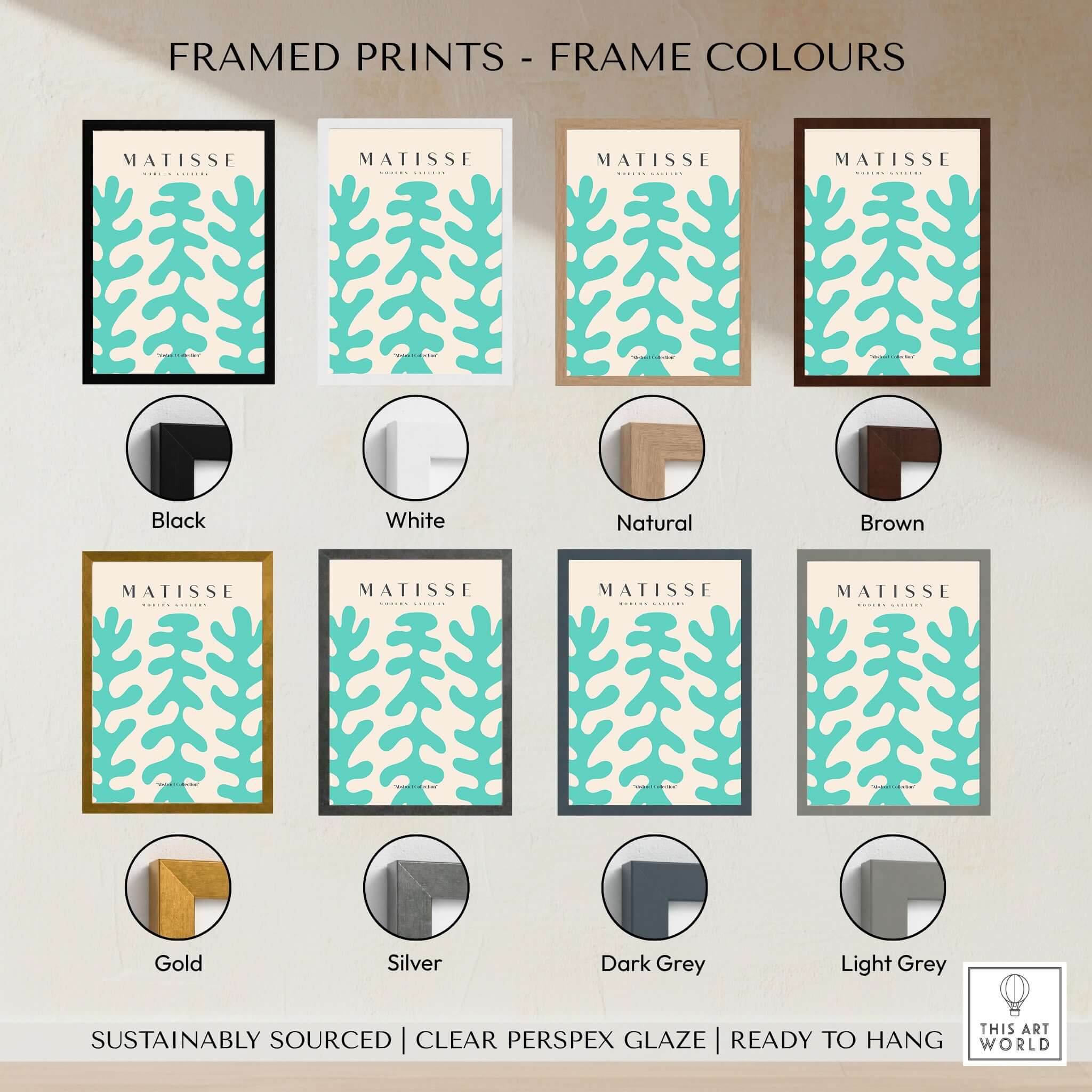 Framed Matisse Art Prints in various frame colors including black, white, gold, silver, and natural finishes.